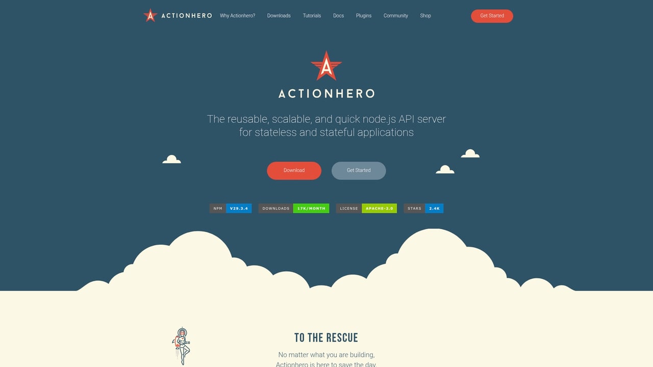 Screenshot of actionhero.js website
