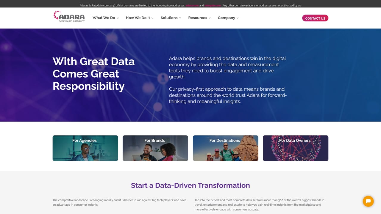 Screenshot of Adara website