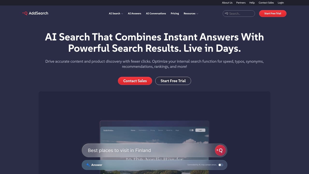 Screenshot of Addsearch website