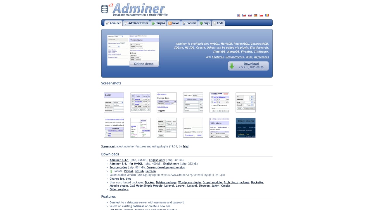 Screenshot of Adminer website