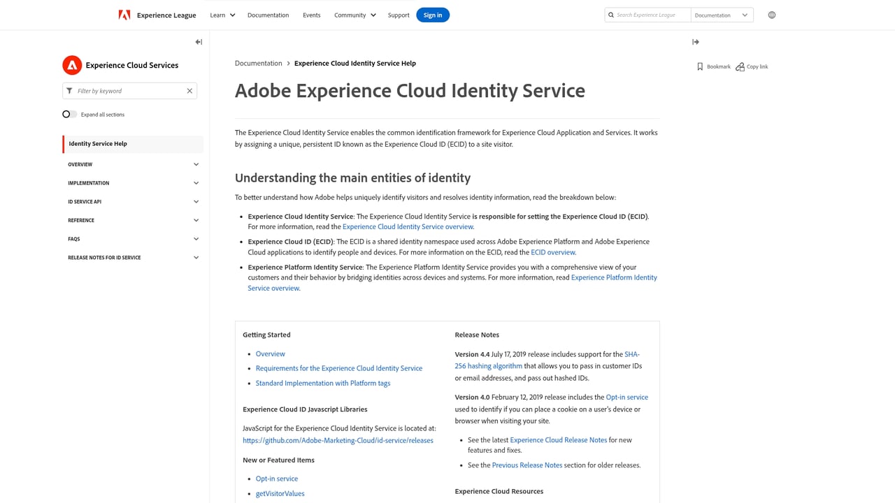 Screenshot of Adobe Experience Platform Identity Service website