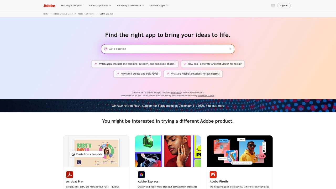 Screenshot of Adobe Flash website