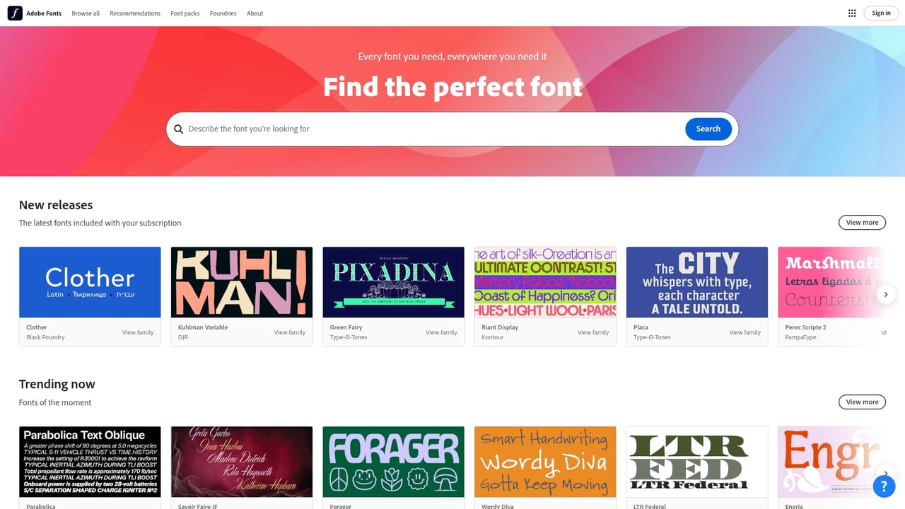 Screenshot of Adobe Fonts website