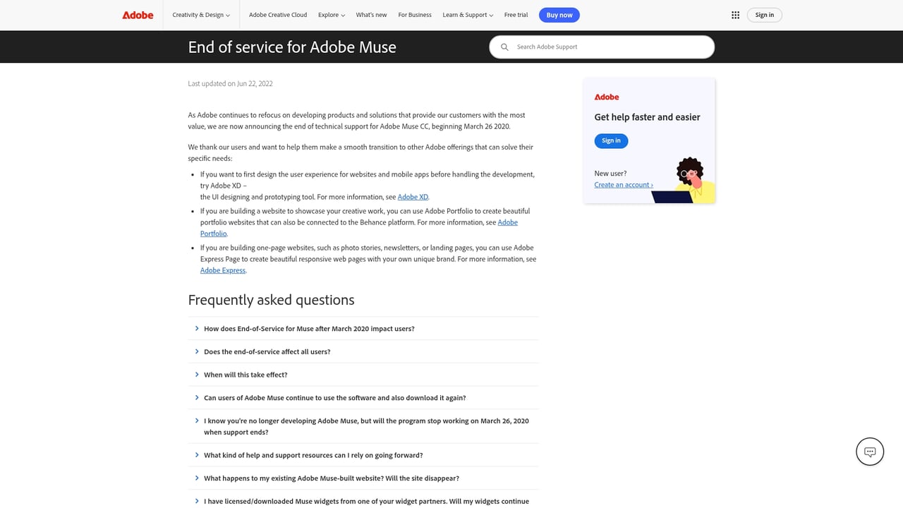 Screenshot of Adobe Muse website