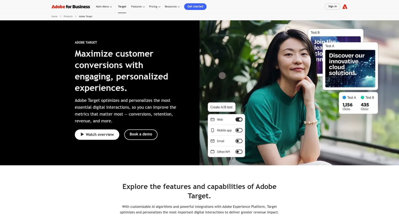 Screenshot of Adobe Target website