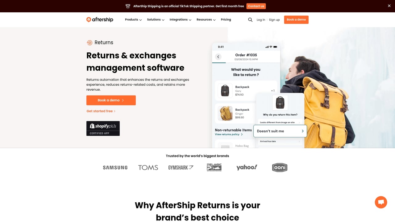 Screenshot of AfterShip Returns Center website