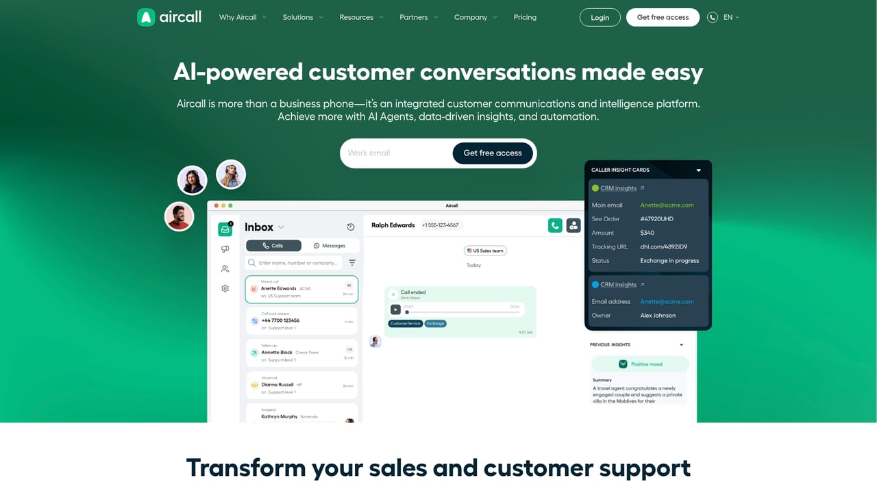Screenshot of Aircall website