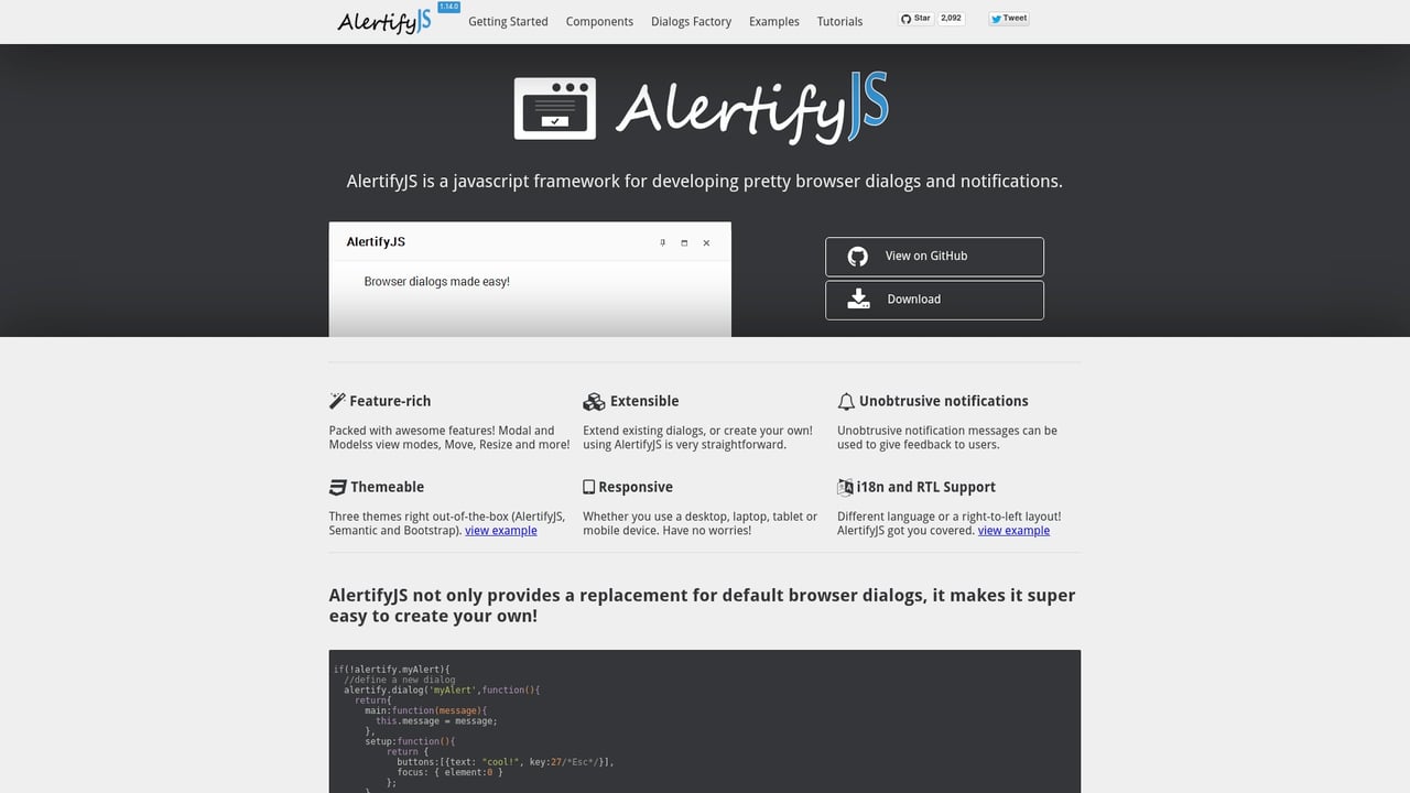 Screenshot of AlertifyJS website