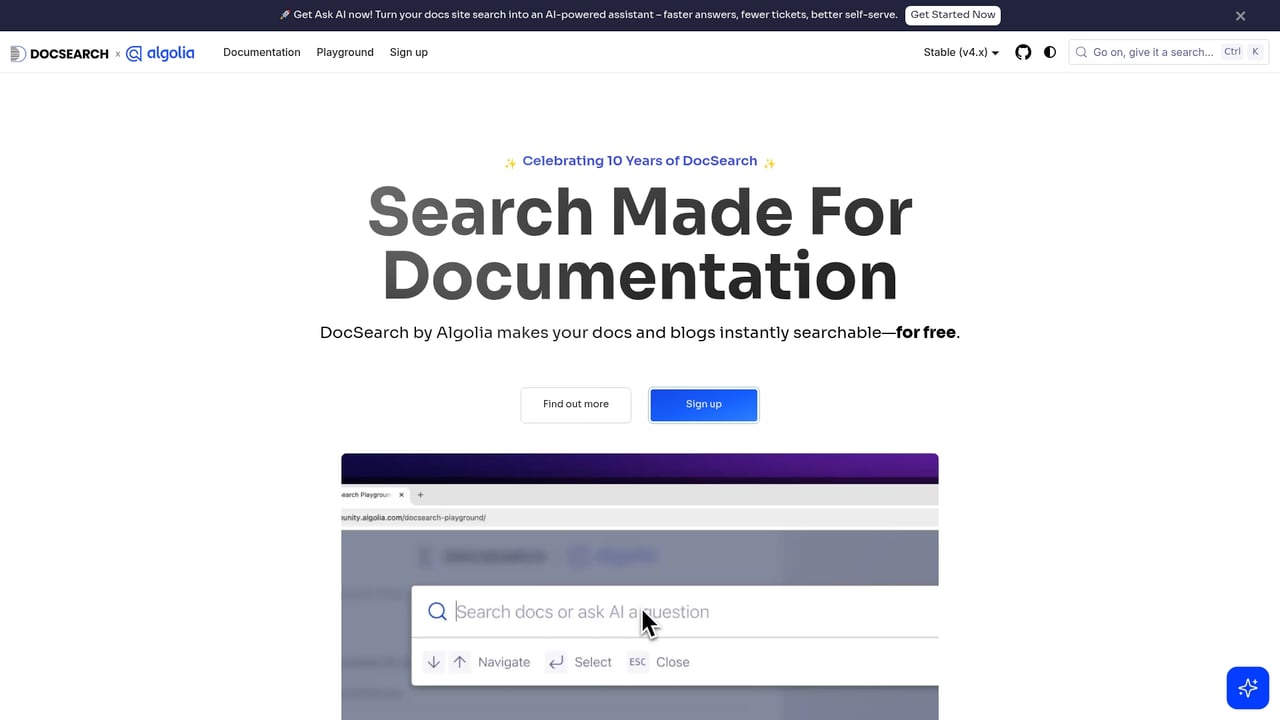 Screenshot of Algolia DocSearch website