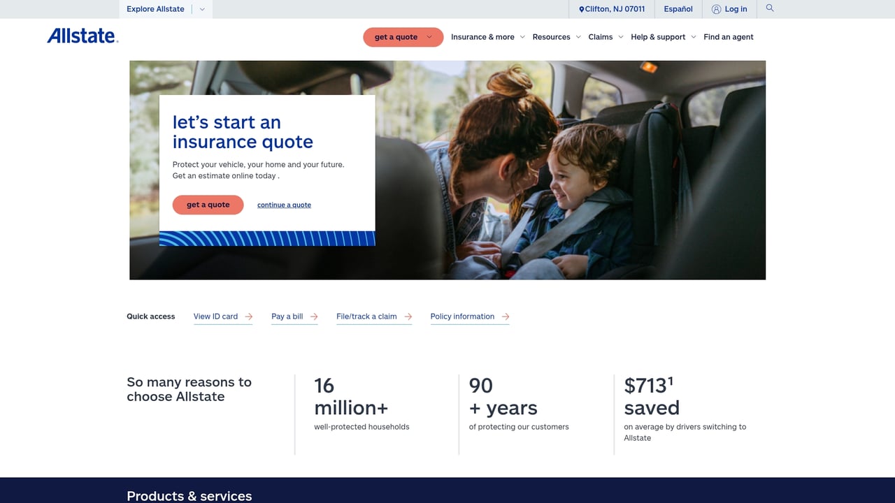 Screenshot of Allstate website