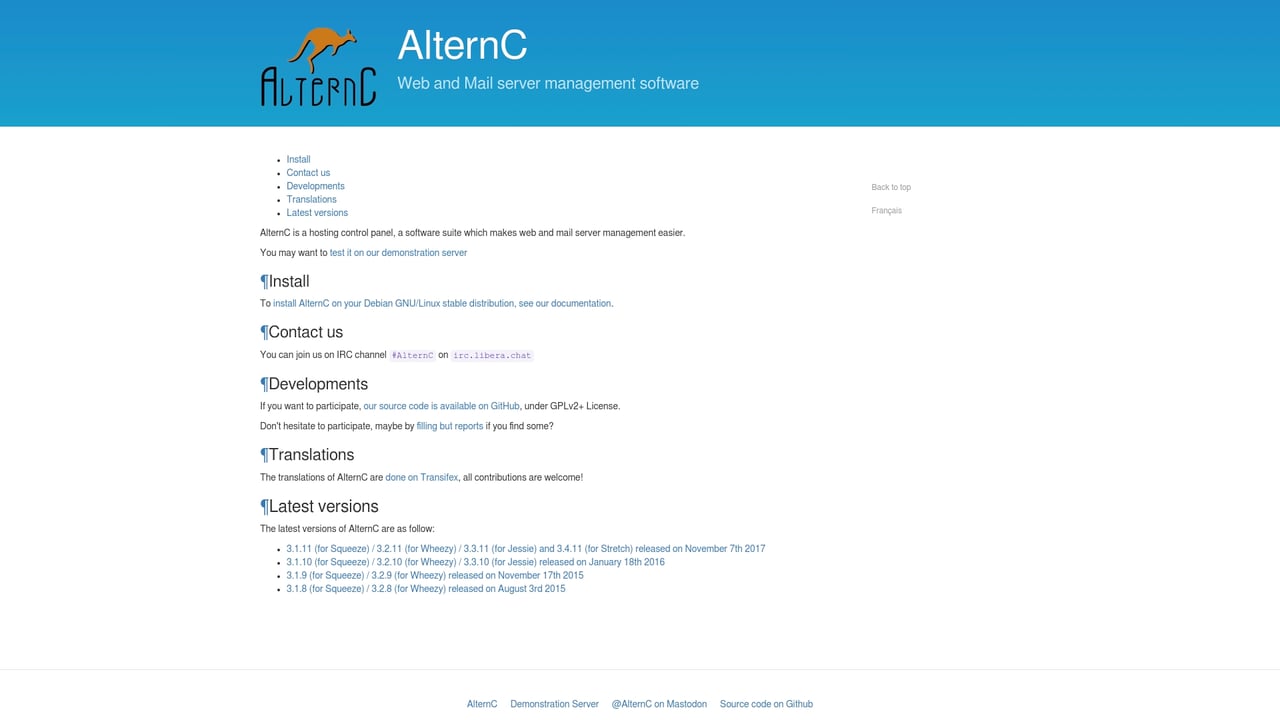 Screenshot of AlternC website