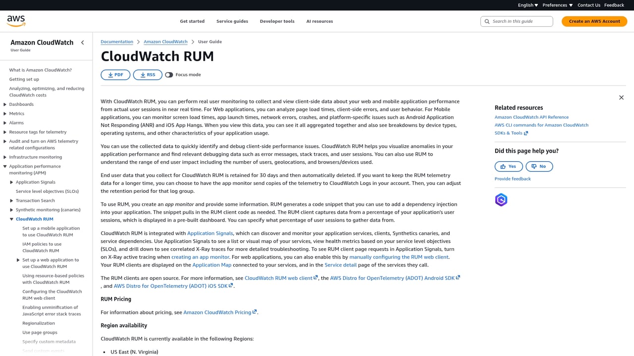 Screenshot of Amazon CloudWatch RUM website