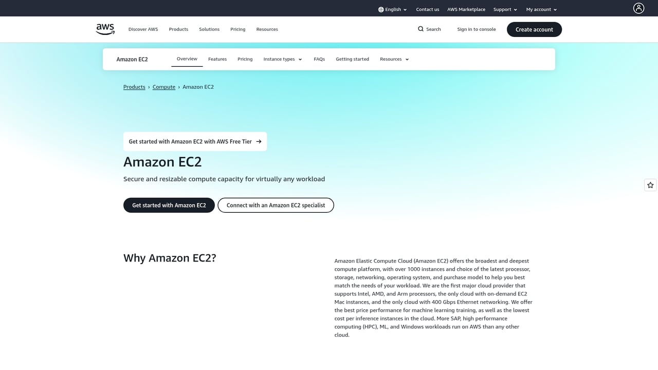 Screenshot of Amazon EC2 website