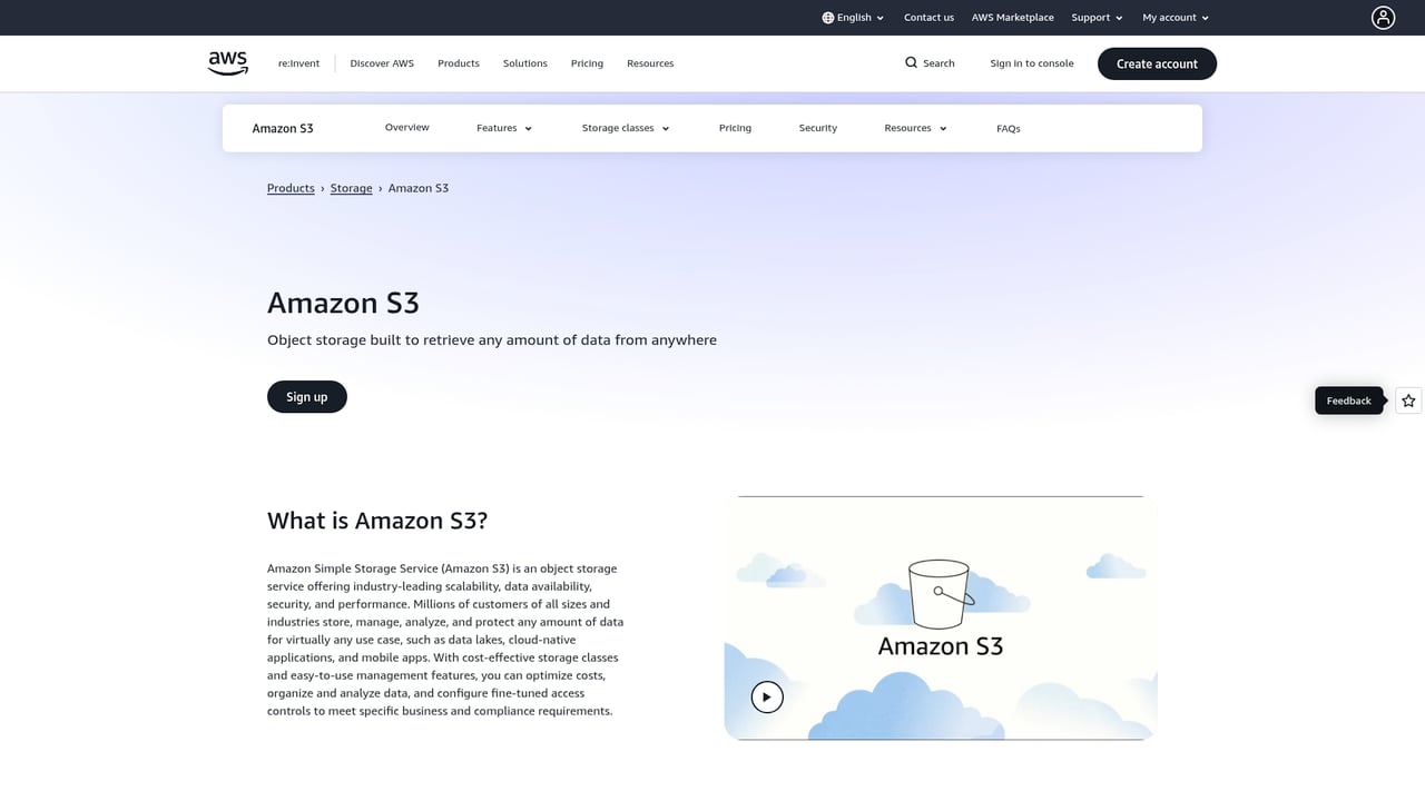 Screenshot of Amazon S3 website