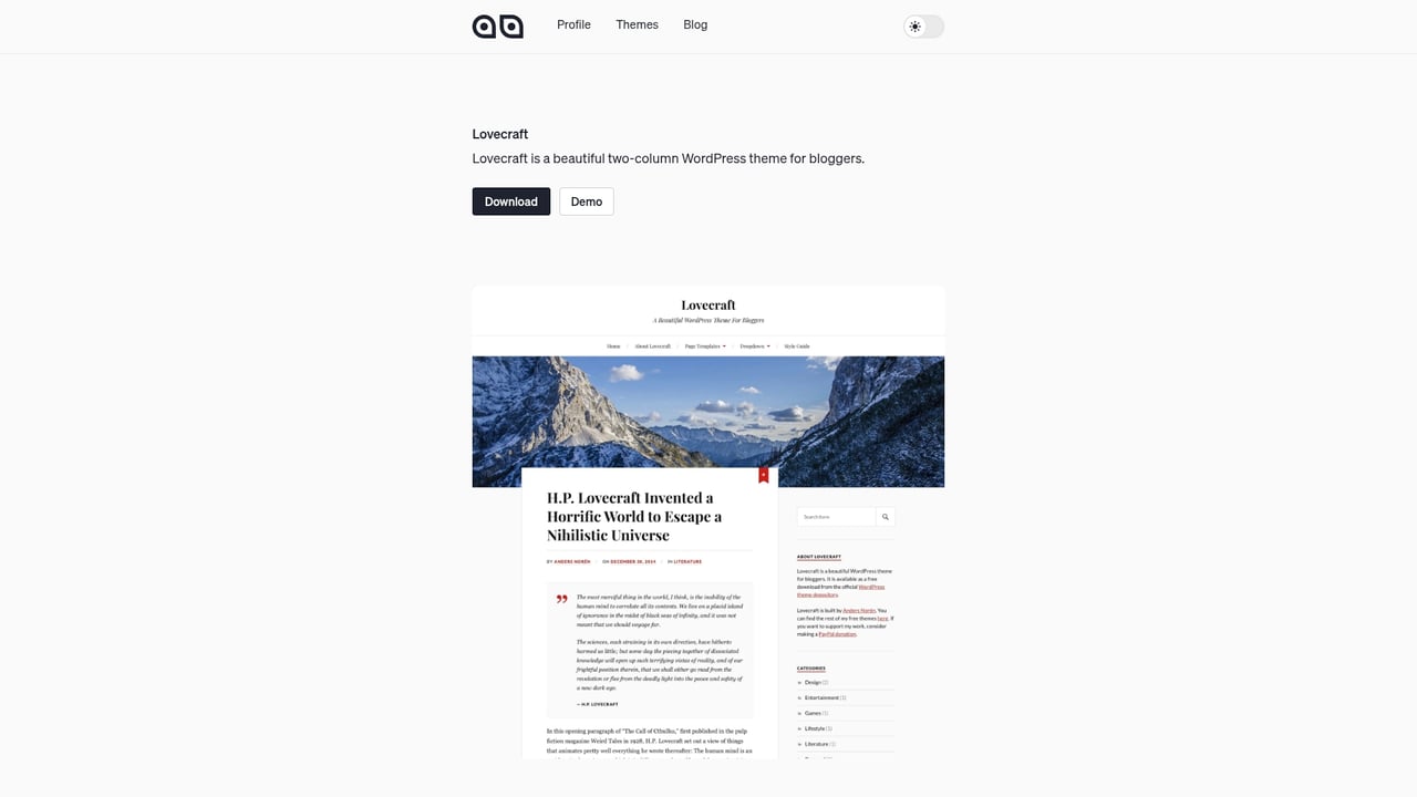 Screenshot of AndersNoren Lovecraft website