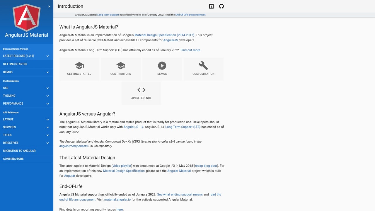 Screenshot of Angular Material website