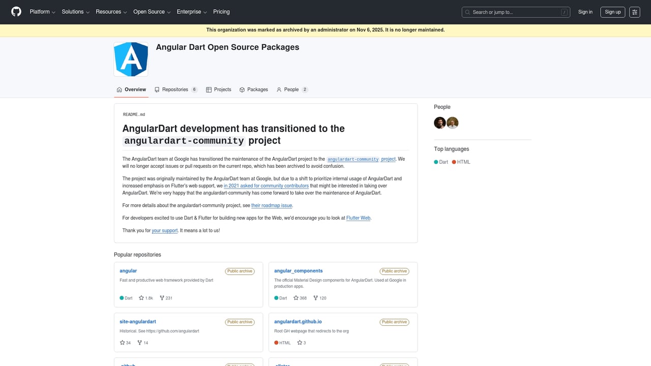 Screenshot of AngularDart website