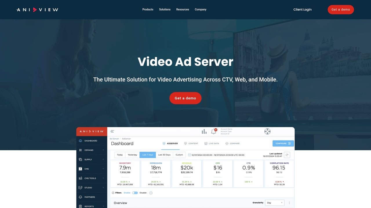Screenshot of Aniview Ad Server website