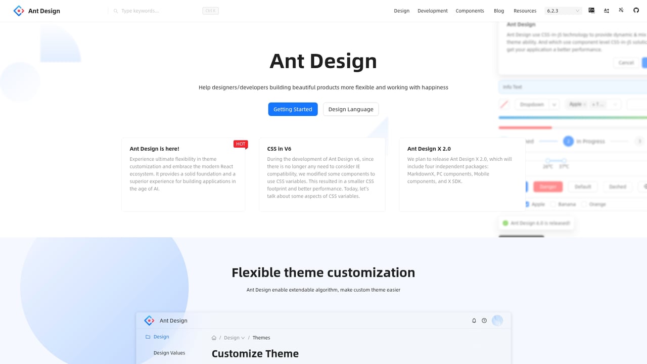 Screenshot of Ant Design website