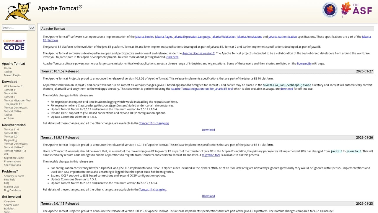 Screenshot of Apache Tomcat website