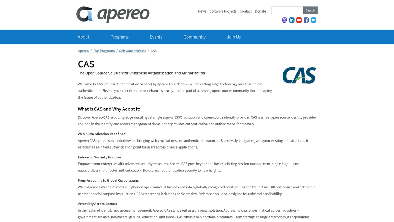 Screenshot of Apereo CAS website