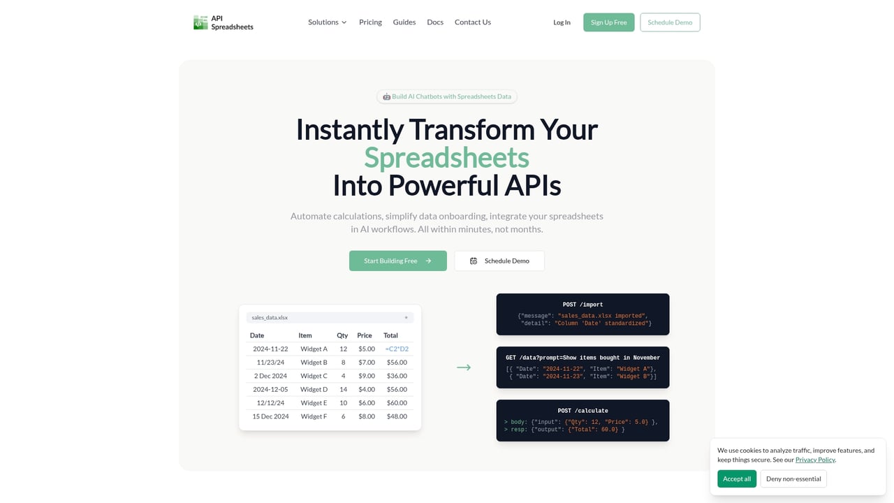 Screenshot of API Spreadsheets website