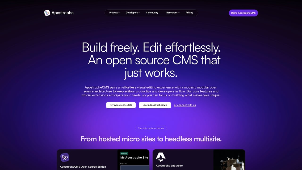 Screenshot of ApostropheCMS website