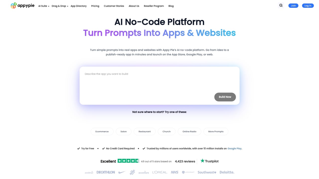 Screenshot of Appy Pie Builder website