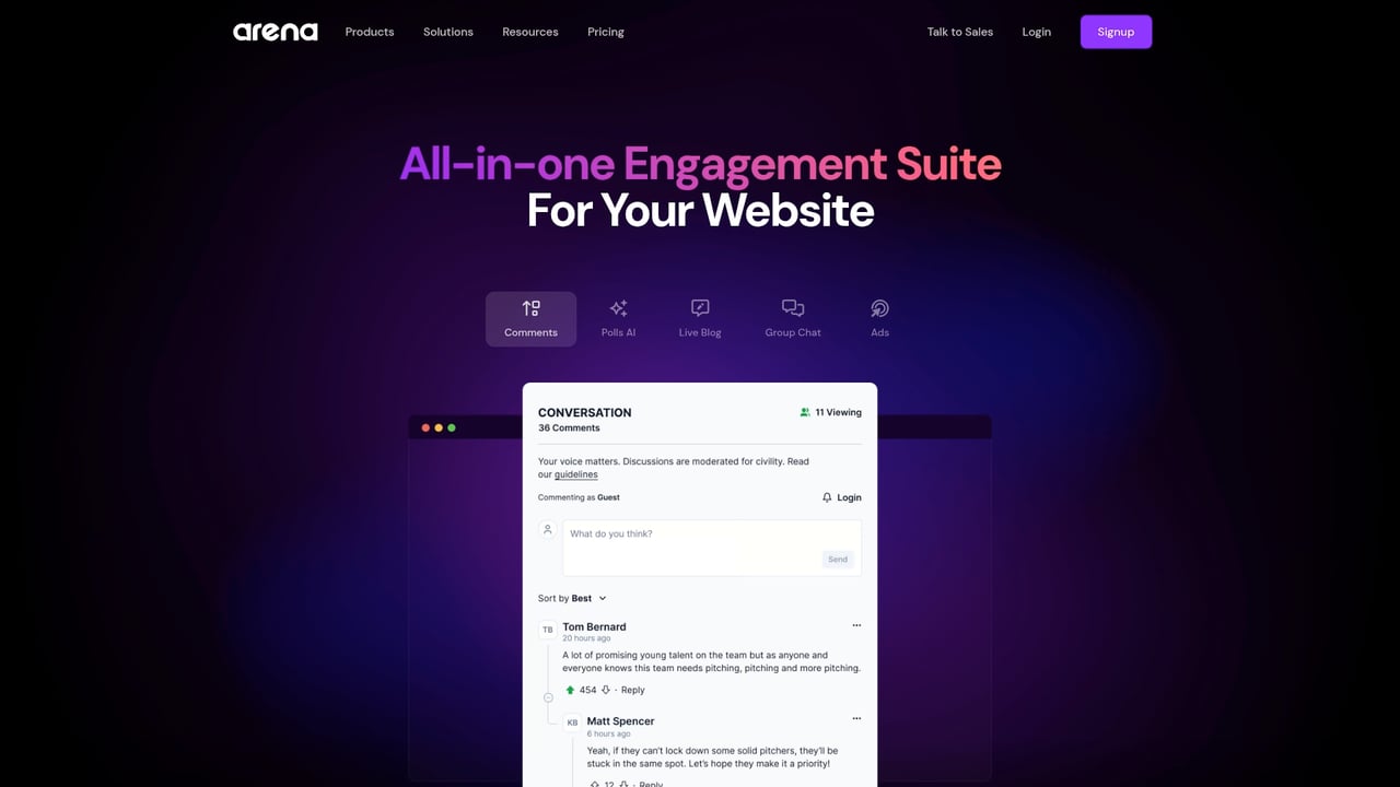 Screenshot of Arena website