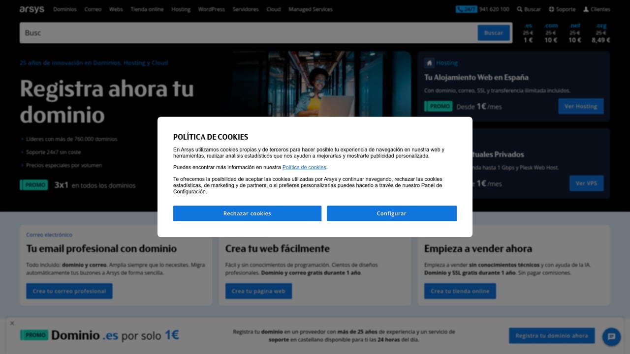 Screenshot of Arsys Domain Parking website