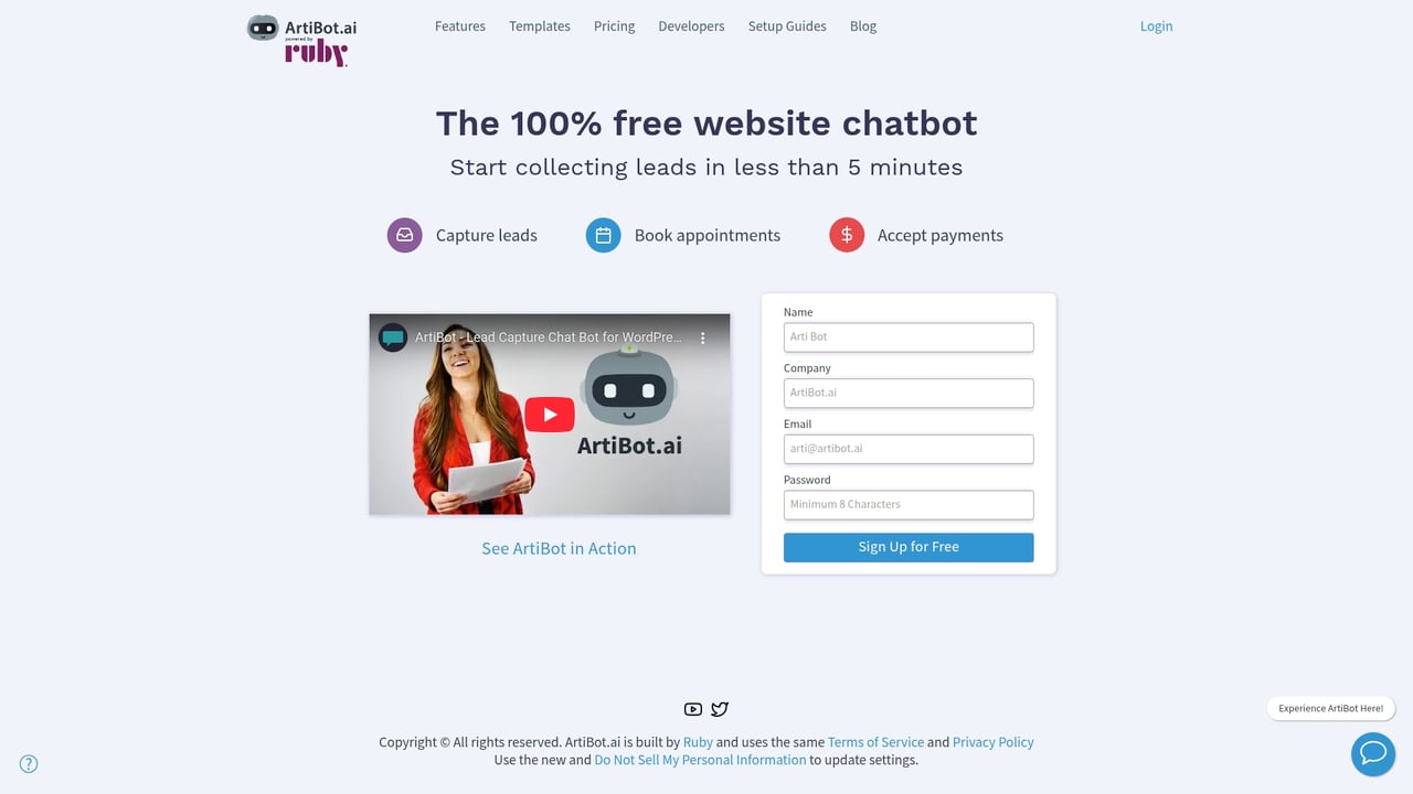 Screenshot of ArtiBot website