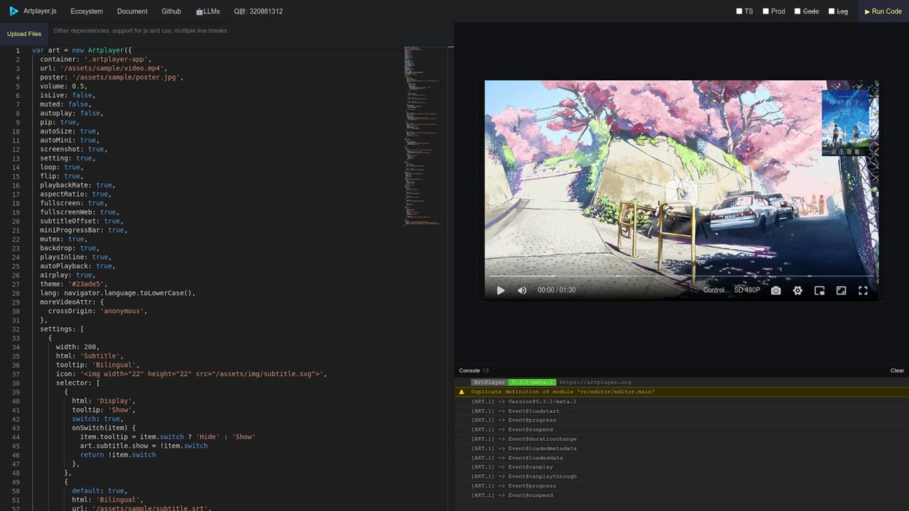 Screenshot of Artplayer.js website