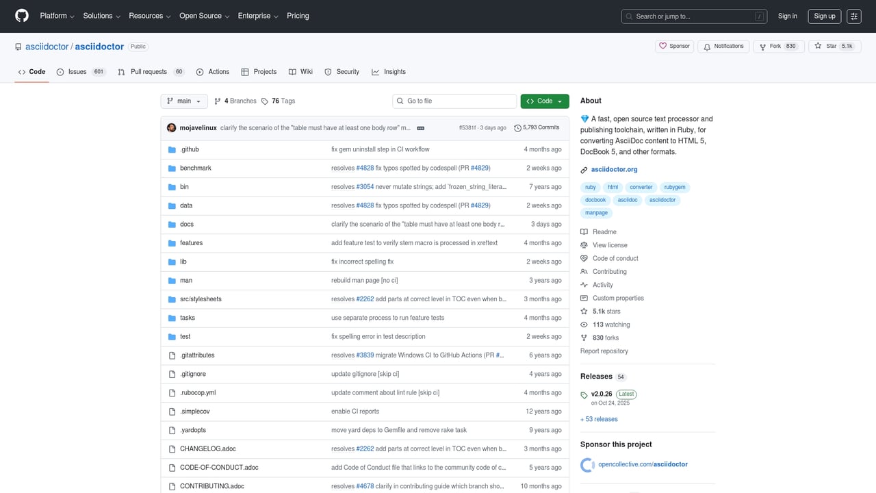 Screenshot of Asciidoctor website