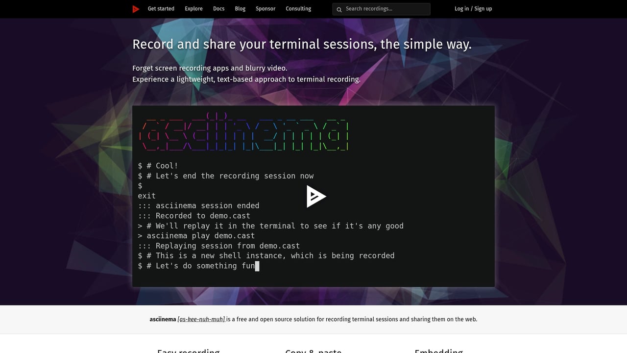 Screenshot of Asciinema website