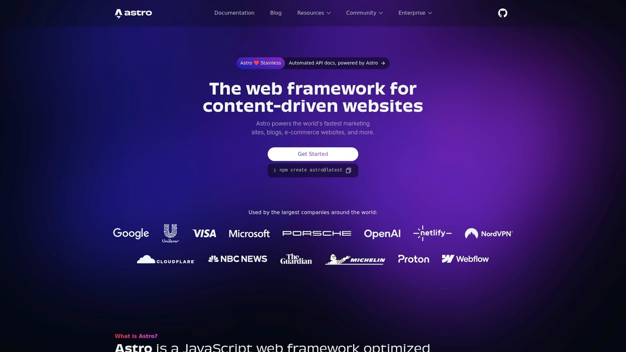 Screenshot of Astro website