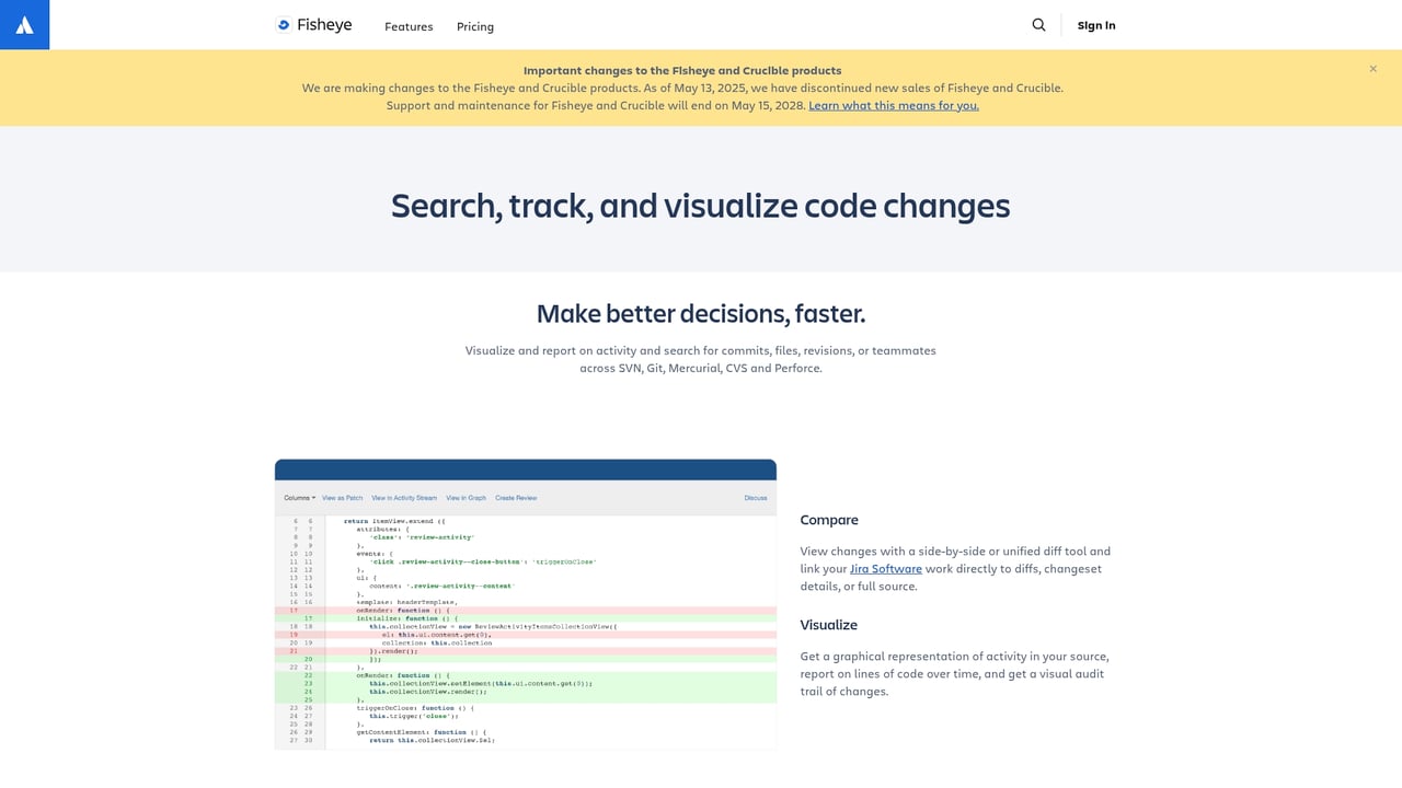 Screenshot of Atlassian FishEye website