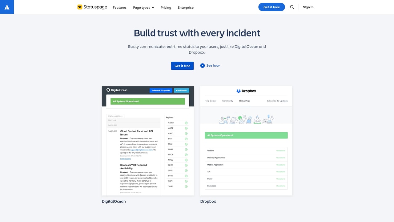 Screenshot of Atlassian Statuspage website