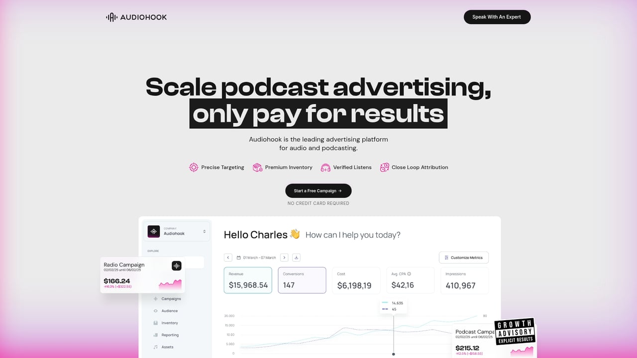 Screenshot of Audiohook website