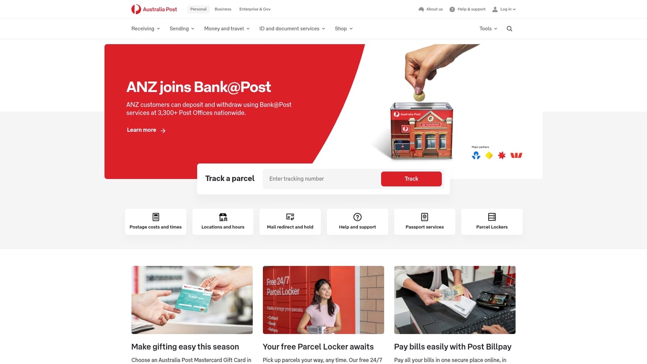Screenshot of Australia Post website