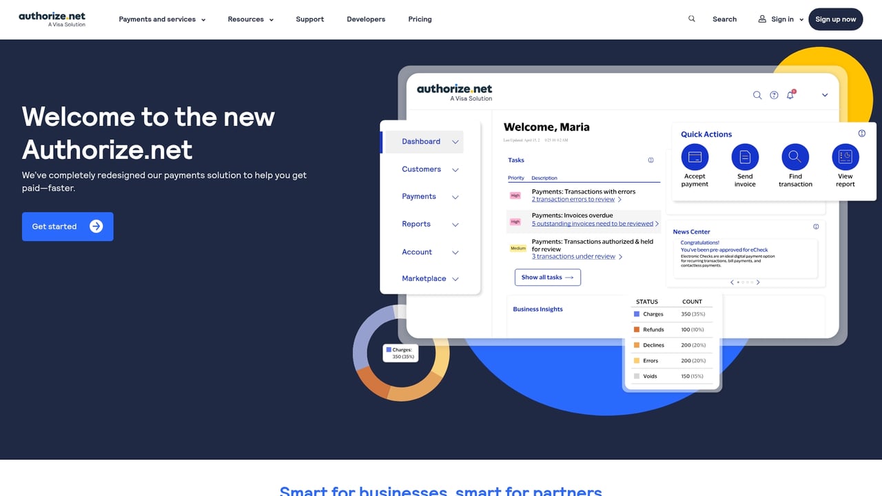 Screenshot of authorize.net website