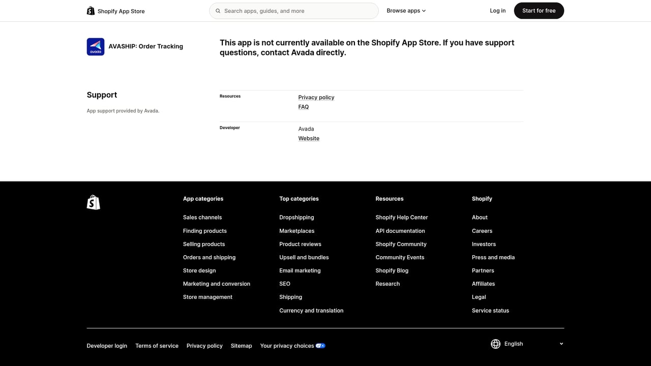 Screenshot of Avada AVASHIP website