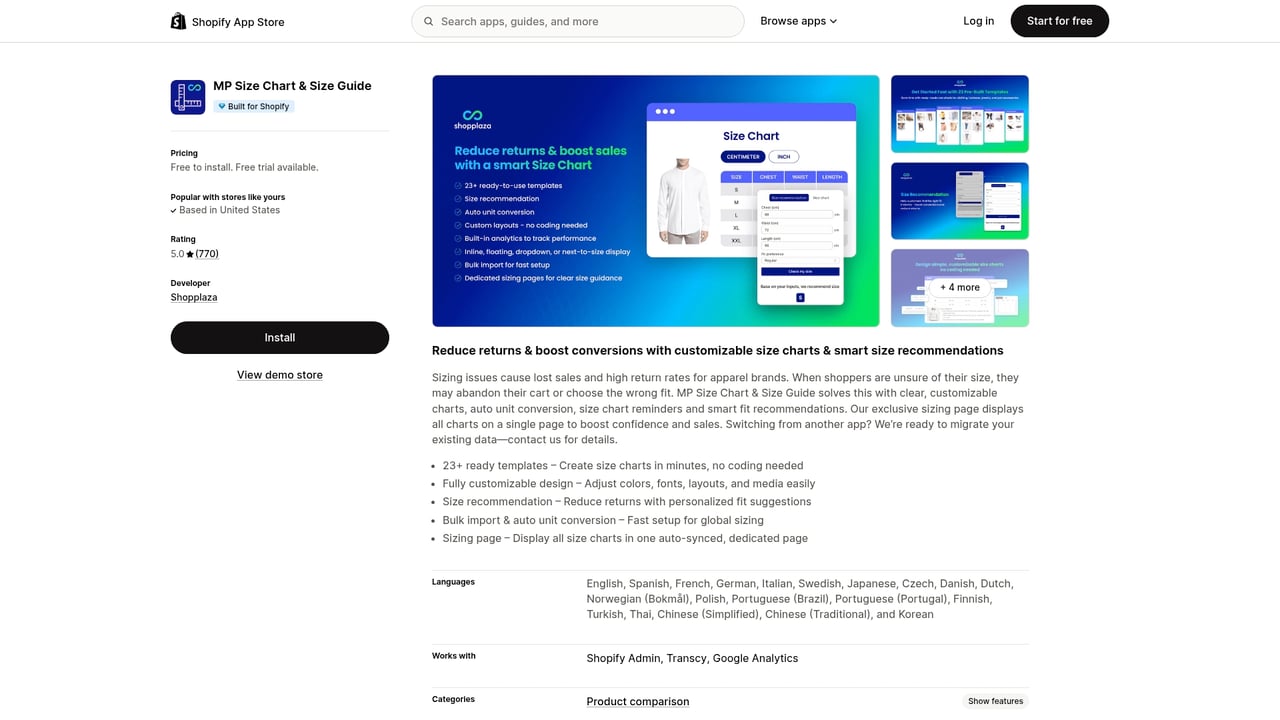 Screenshot of Avada Size Chart website