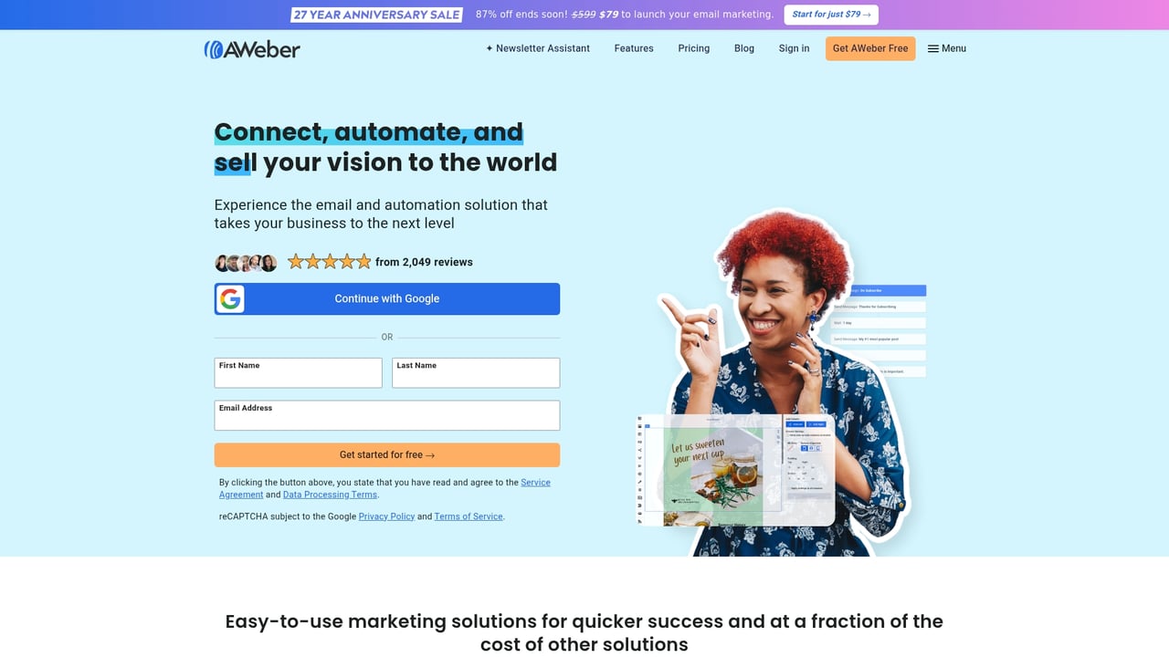 Screenshot of Aweber website