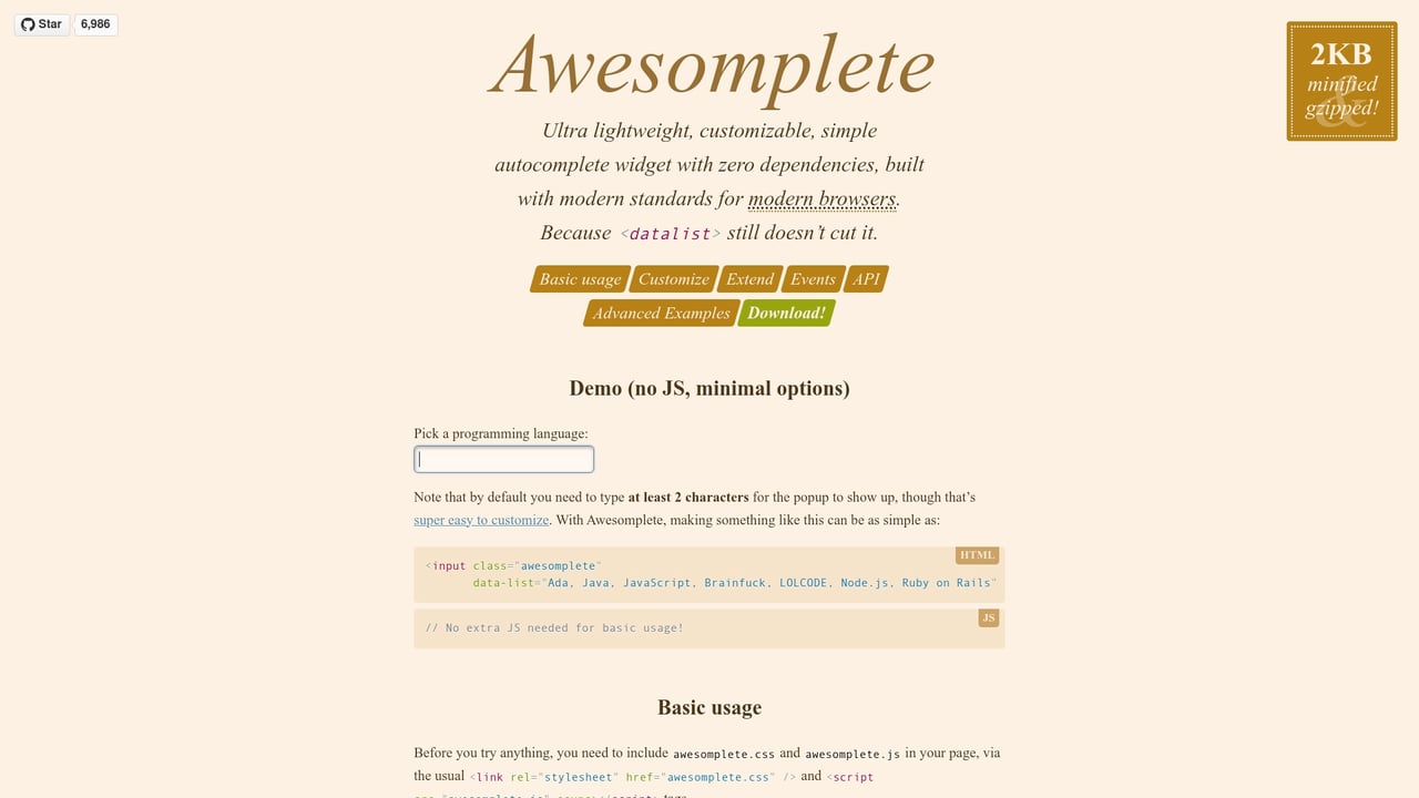 Screenshot of Awesomplete website