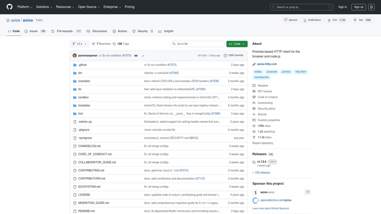 Screenshot of Axios website