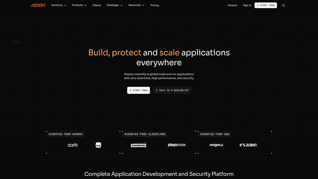 Screenshot of Azion website