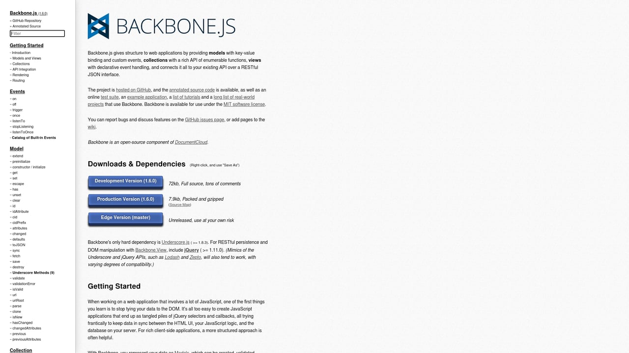 Screenshot of Backbone.js website