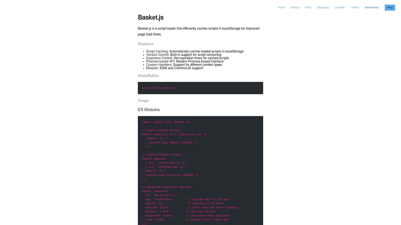 Screenshot of basket.js website