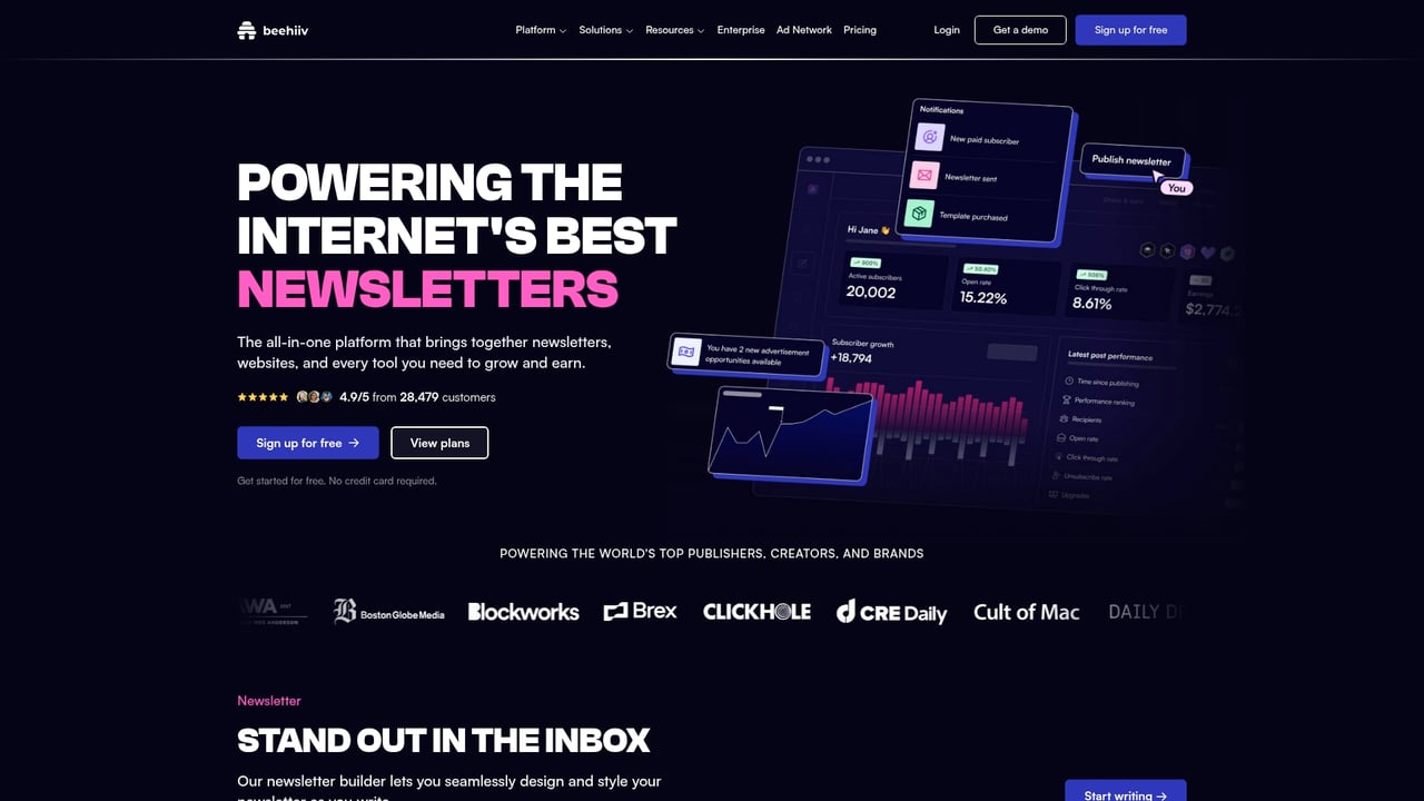 Screenshot of Beehiiv website