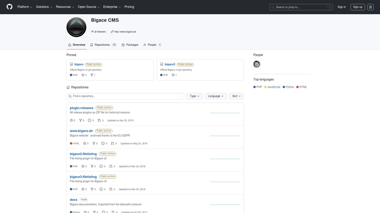 Screenshot of BIGACE website